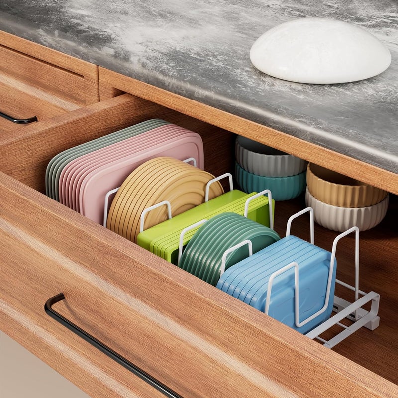 GAGUIUP Food Container Lid Organizer, Adjustable 6 Dividers Full-Metal Pot and Pan Organizer Rack for Kitchen Cabinets, Drawers, Cupboards, Pantry Shelves Storage, White - Image 5